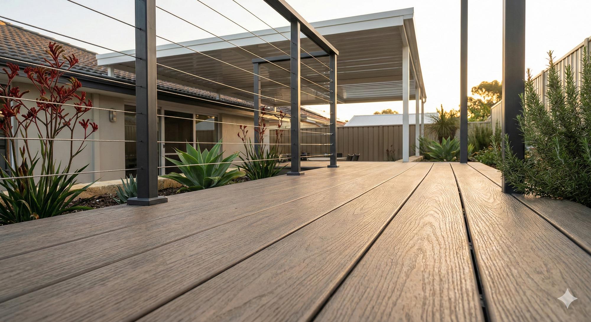 Spotted gum look composite decking in warm light