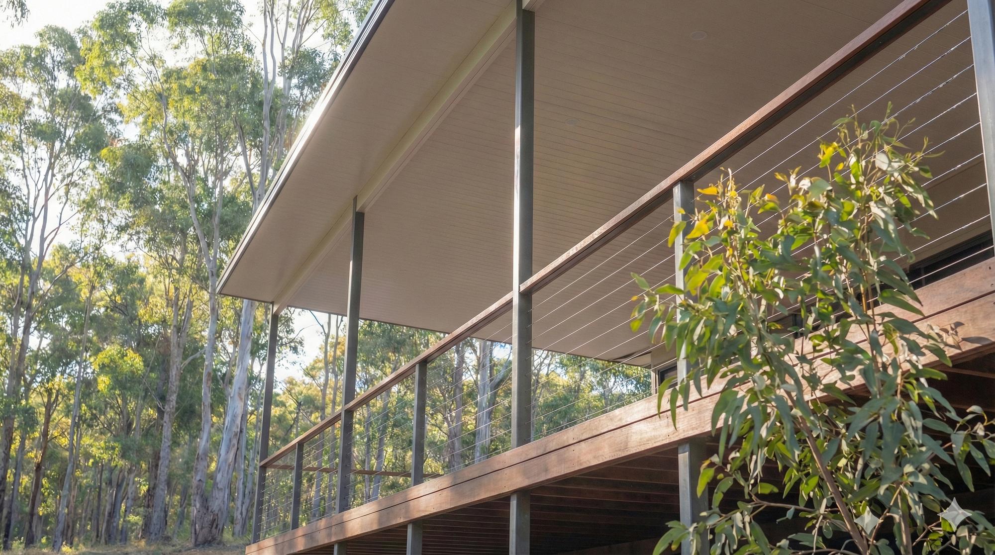 Completed verandah and patio exterior surrounded by eucalyptus