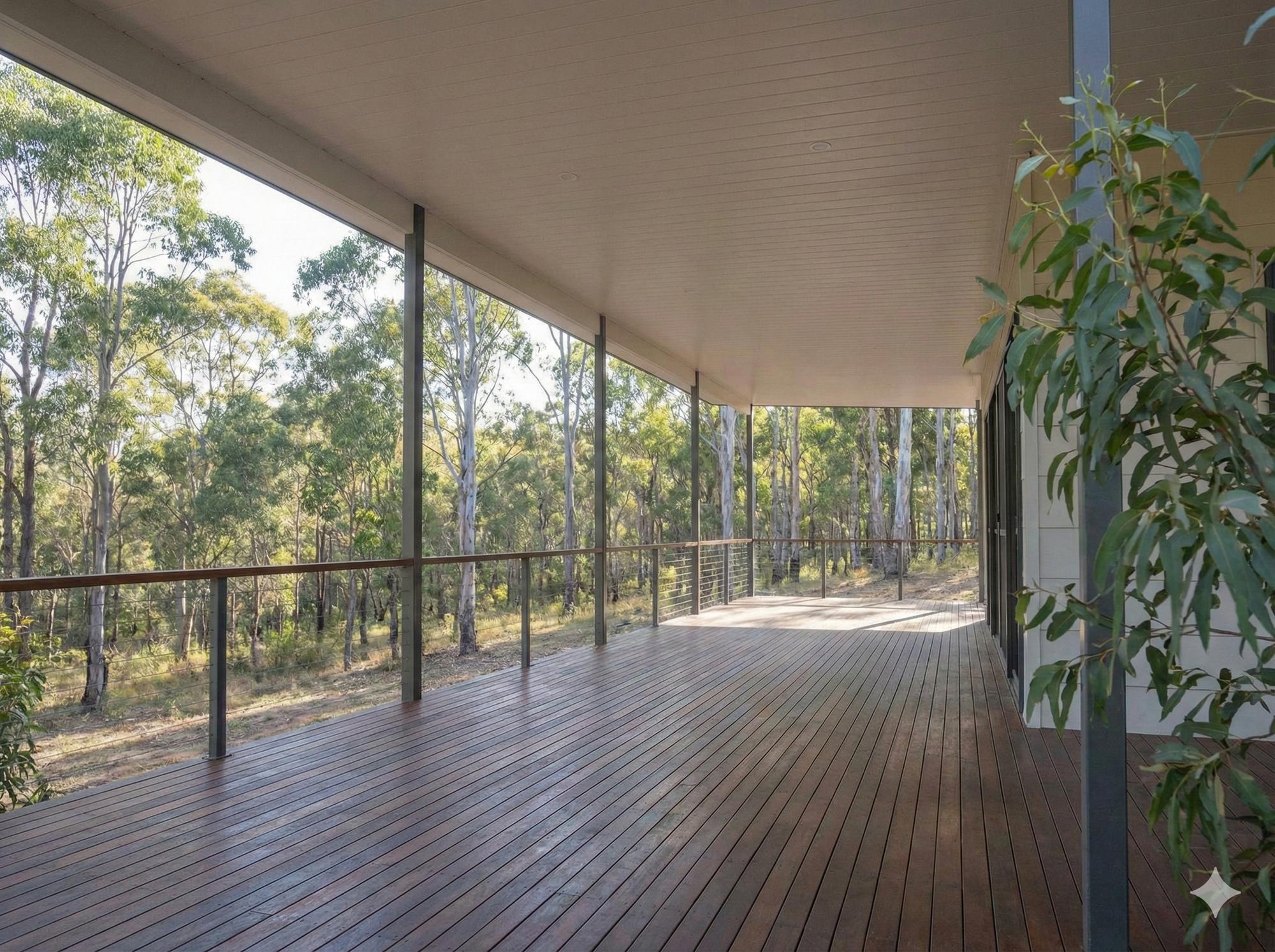 Interior view looking out from under the insulated patio to the bush